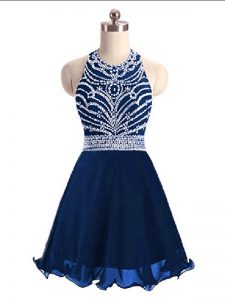 Elegant Mini Length Navy Blue Dress for Prom Halter Top Sleeveless Lace Up