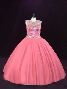 Decent Sleeveless Floor Length Beading Lace Up Sweet 16 Quinceanera Dress with Pink