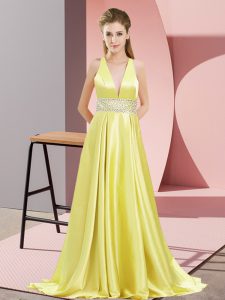 Hot Sale Yellow Prom Gown Prom and Party with Beading V-neck Sleeveless Brush Train Backless