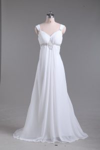 Most Popular White Straps Lace Up Beading Wedding Gowns Sweep Train Sleeveless