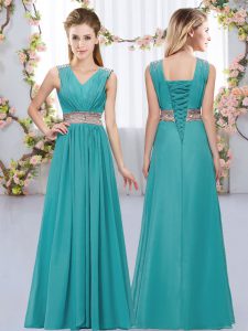 Teal Chiffon Lace Up Quinceanera Court of Honor Dress Sleeveless Floor Length Beading and Belt