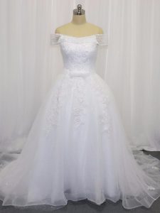 White Wedding Gowns Off The Shoulder Sleeveless Court Train Lace Up