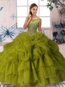 Clearance Scoop Sleeveless Ball Gown Prom Dress Brush Train Beading and Pick Ups Olive Green Organza