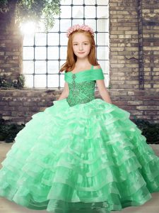 Custom Made Sleeveless Organza Floor Length Lace Up Pageant Dress for Teens in Apple Green with Beading and Ruffled Laye