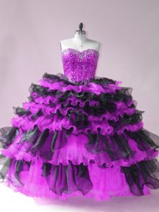 Black And Purple Sleeveless Floor Length Beading and Ruffled Layers Lace Up Sweet 16 Quinceanera Dress