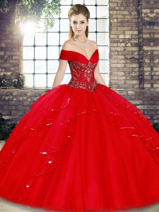 Floor Length Red 15 Quinceanera Dress Off The Shoulder Sleeveless Lace Up
