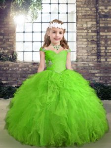 Sweet Straps Sleeveless Tulle Kids Formal Wear Beading and Ruffles Lace Up
