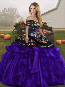 Top Selling Black And Purple Ball Gowns Embroidery and Ruffles Ball Gown Prom Dress Lace Up Organza Sleeveless Floor Len