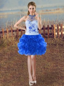 Best Blue And White Halter Top Neckline Beading and Embroidery and Ruffles Homecoming Dress Sleeveless Lace Up