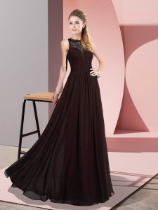 Graceful Brown Empire Chiffon Scoop Sleeveless Lace Floor Length Zipper Evening Dress