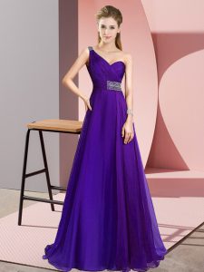 Superior Purple Criss Cross One Shoulder Beading Dress for Prom Chiffon Sleeveless Brush Train