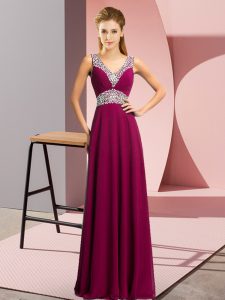 Flare Fuchsia Empire Chiffon V-neck Sleeveless Beading Floor Length Lace Up Prom Party Dress
