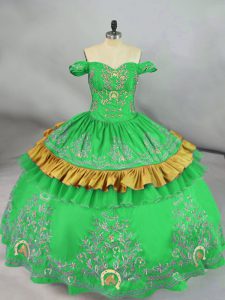 Green Off The Shoulder Lace Up Embroidery Quince Ball Gowns Sleeveless