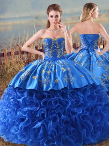 Cute Brush Train Ball Gowns Sweet 16 Quinceanera Dress Royal Blue Sweetheart Fabric With Rolling Flowers Sleeveless Lace