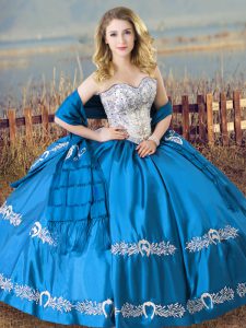Baby Blue Sleeveless Satin Lace Up Quince Ball Gowns for Sweet 16 and Quinceanera