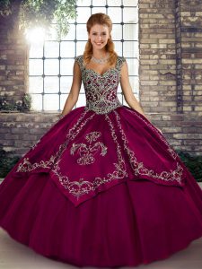 Deluxe Tulle Straps Sleeveless Lace Up Beading and Embroidery Vestidos de Quinceanera in Fuchsia