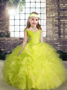 Sleeveless Floor Length Beading and Ruffles Lace Up Little Girl Pageant Dress with Yellow Green