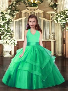 Turquoise Lace Up Little Girl Pageant Gowns Ruching Sleeveless Floor Length