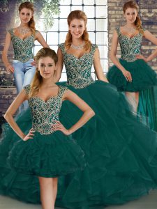 Best Ball Gowns Quinceanera Gowns Peacock Green Straps Tulle Sleeveless Floor Length Lace Up