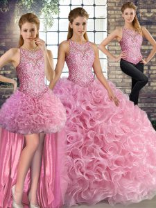 Exceptional Scoop Sleeveless Lace Up Quinceanera Gowns Rose Pink Fabric With Rolling Flowers