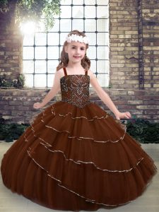 Ball Gowns Child Pageant Dress Brown Straps Tulle Sleeveless Floor Length Lace Up