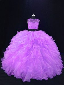 Fabulous Sleeveless Organza Floor Length Zipper Sweet 16 Dress in Lavender with Beading and Ruffles
