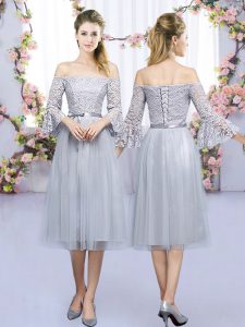 Excellent 3 4 Length Sleeve Tea Length Lace and Belt Lace Up Wedding Party Dress with Grey
