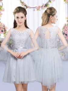 Lace and Belt Wedding Party Dress Grey Lace Up Sleeveless Mini Length