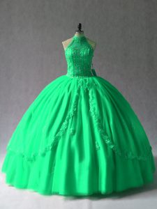 High End Green Lace Up Vestidos de Quinceanera Appliques Sleeveless Floor Length