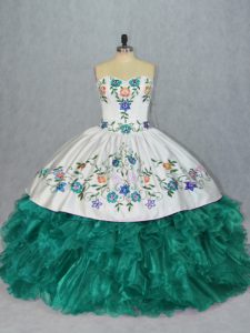 Turquoise Sweetheart Neckline Embroidery and Ruffles Quinceanera Gown Sleeveless Lace Up