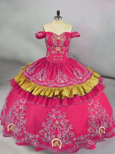Embroidery Quinceanera Gown Hot Pink Lace Up Sleeveless Floor Length