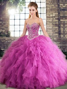 Customized Ball Gowns Ball Gown Prom Dress Rose Pink Sweetheart Tulle Sleeveless Floor Length Lace Up
