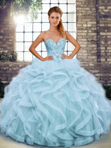 Floor Length Light Blue Quinceanera Gowns Sweetheart Sleeveless Lace Up