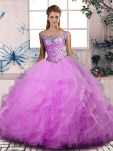 Customized Off The Shoulder Sleeveless Quinceanera Gown Floor Length Beading and Ruffles Lilac Tulle