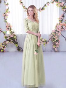 Yellow Green Empire Tulle V-neck Half Sleeves Lace and Belt Floor Length Side Zipper Bridesmaids Dress