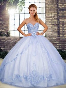 Glamorous Sleeveless Tulle Floor Length Lace Up Ball Gown Prom Dress in Lavender with Beading and Embroidery