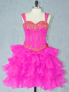 Popular Beading and Ruffled Layers Prom Evening Gown Fuchsia Lace Up Sleeveless Mini Length