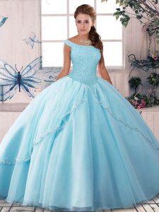 Pretty Tulle Off The Shoulder Sleeveless Brush Train Lace Up Beading Quinceanera Dresses in Light Blue