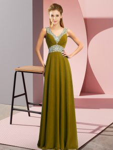 Olive Green Empire V-neck Sleeveless Chiffon Floor Length Lace Up Beading Homecoming Dress