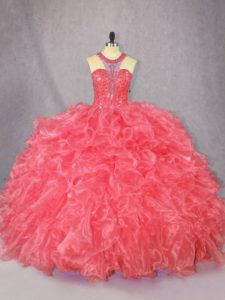 Sleeveless Organza Floor Length Zipper Sweet 16 Dresses in Coral Red with Beading and Ruffles