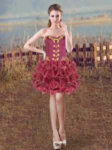Hot Sale Mini Length Lace Up Burgundy for Prom and Party and Military Ball with Embroidery and Ruffles