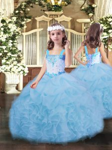 Discount Blue Ball Gowns Beading and Ruffles and Pick Ups Girls Pageant Dresses Lace Up Organza Sleeveless Floor Length