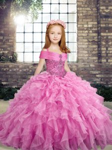 Lilac Straps Lace Up Beading and Ruffles Kids Formal Wear Sleeveless