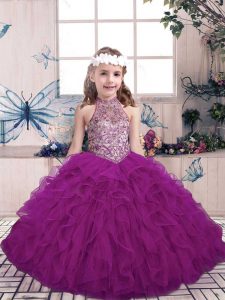 Top Selling Sleeveless Lace Up Floor Length Beading and Ruffles Kids Pageant Dress