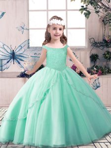 Green Tulle Lace Up Kids Pageant Dress Sleeveless Floor Length Beading