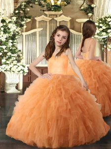 Ball Gowns Child Pageant Dress Orange Straps Tulle Sleeveless Floor Length Lace Up