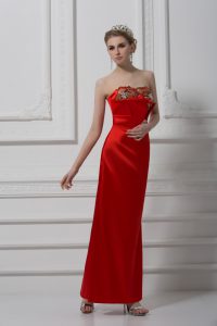 Fancy Red Satin Lace Up Sweetheart Sleeveless Ankle Length Prom Dress Beading and Appliques