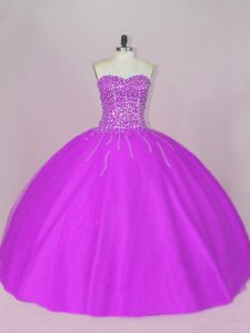Sumptuous Sleeveless Floor Length Beading Lace Up Sweet 16 Quinceanera Dress with Purple