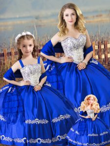 Perfect Sweetheart Sleeveless Vestidos de Quinceanera Floor Length Beading and Embroidery Royal Blue Satin