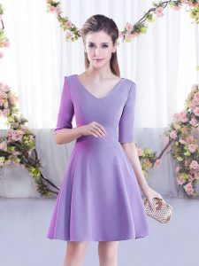 Half Sleeves Mini Length Ruching Zipper Dama Dress for Quinceanera with Lavender